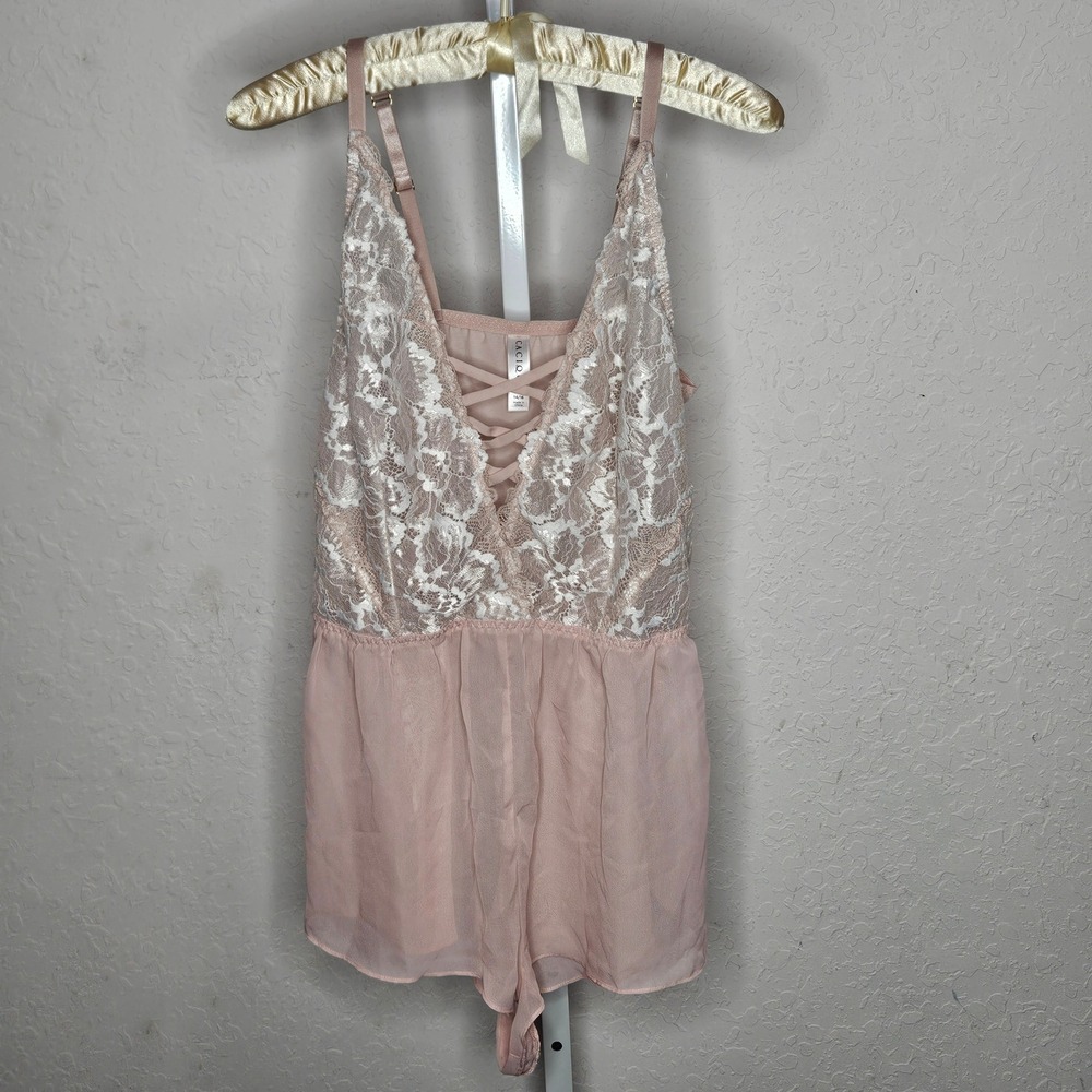 Cacique Pink Lace Chiffon Romper Bodysuit Lingerie Teddie 14/16 Plus Size V-Neck